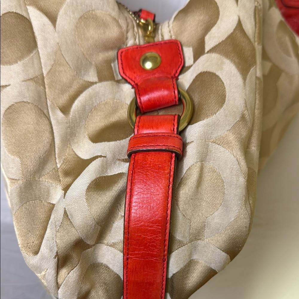 Coach Tan and Orange Signature Monogram Bag featuring Carriage logo on front. - Picture 8 of 16